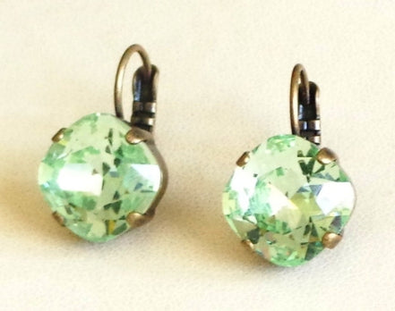 Crystal square drop earrings chrysolite green,antique brass
