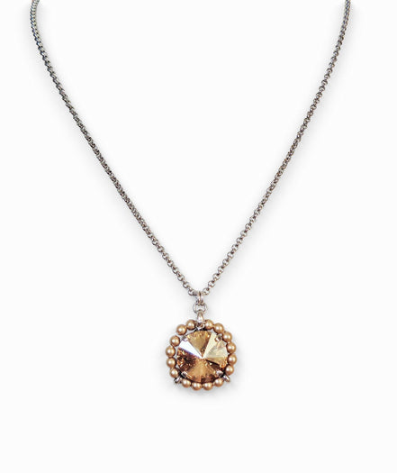 Crystal and pearl round pendant necklace golden shadow