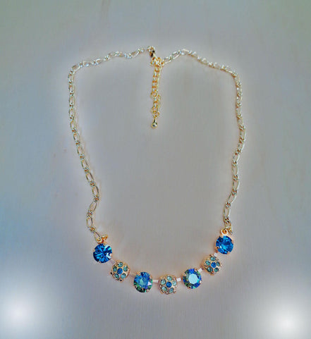Crystal blue and green tones, decorated necklace,gold plated