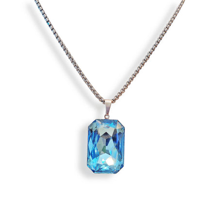 Crystal large rectangular pendant necklace aquamarine,stainless steel