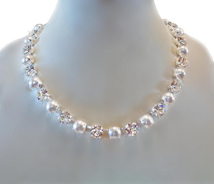CLEAR GLAMOUR Austrian crystal and pearls tennis necklace, clear crystal,white
