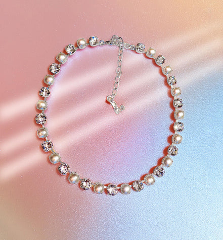 CLEAR GLAMOUR Austrian crystal and pearls tennis necklace, clear crystal,white