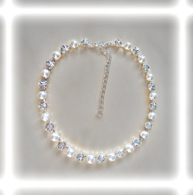 CLEAR GLAMOUR Austrian crystal and pearls tennis necklace, clear crystal,white