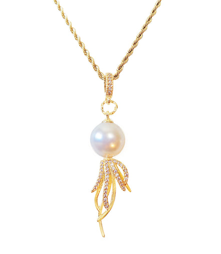 Pearl pendant necklace with gold chain on a white background
