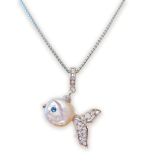 Freshwater pearl AAAA  white/aqua pendant necklace,stainless steel