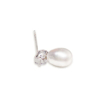 Fresh water pearl white stud earring, cubic zirconia sterling silver