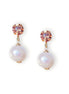 Pair of pearl earrings with light brown accents on a white background.Stud and drop earrings with light brown crystal studs made with Austrian crystals.The pearl drops are freshwater natural pearls colour white