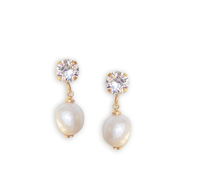 Pearl and crystal drop earrings on a white background

Natural fresh water pearl and Austrian crystal stud and drop earrings colour clear crystal and white.The pearls are grade AAAA and about 13mm long  each.