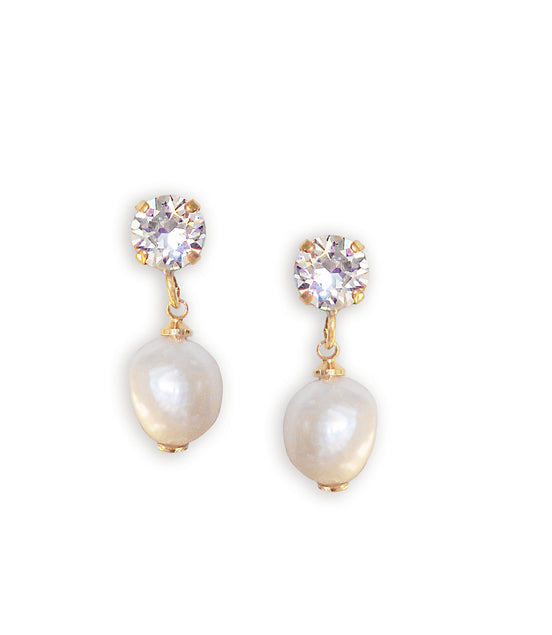 Pearl and crystal drop earrings on a white background

Natural fresh water pearl and Austrian crystal stud and drop earrings colour clear crystal and white.The pearls are grade AAAA and about 13mm long  each.