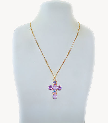 Crystal cross pendant necklace lavender,violet,white,gold plated