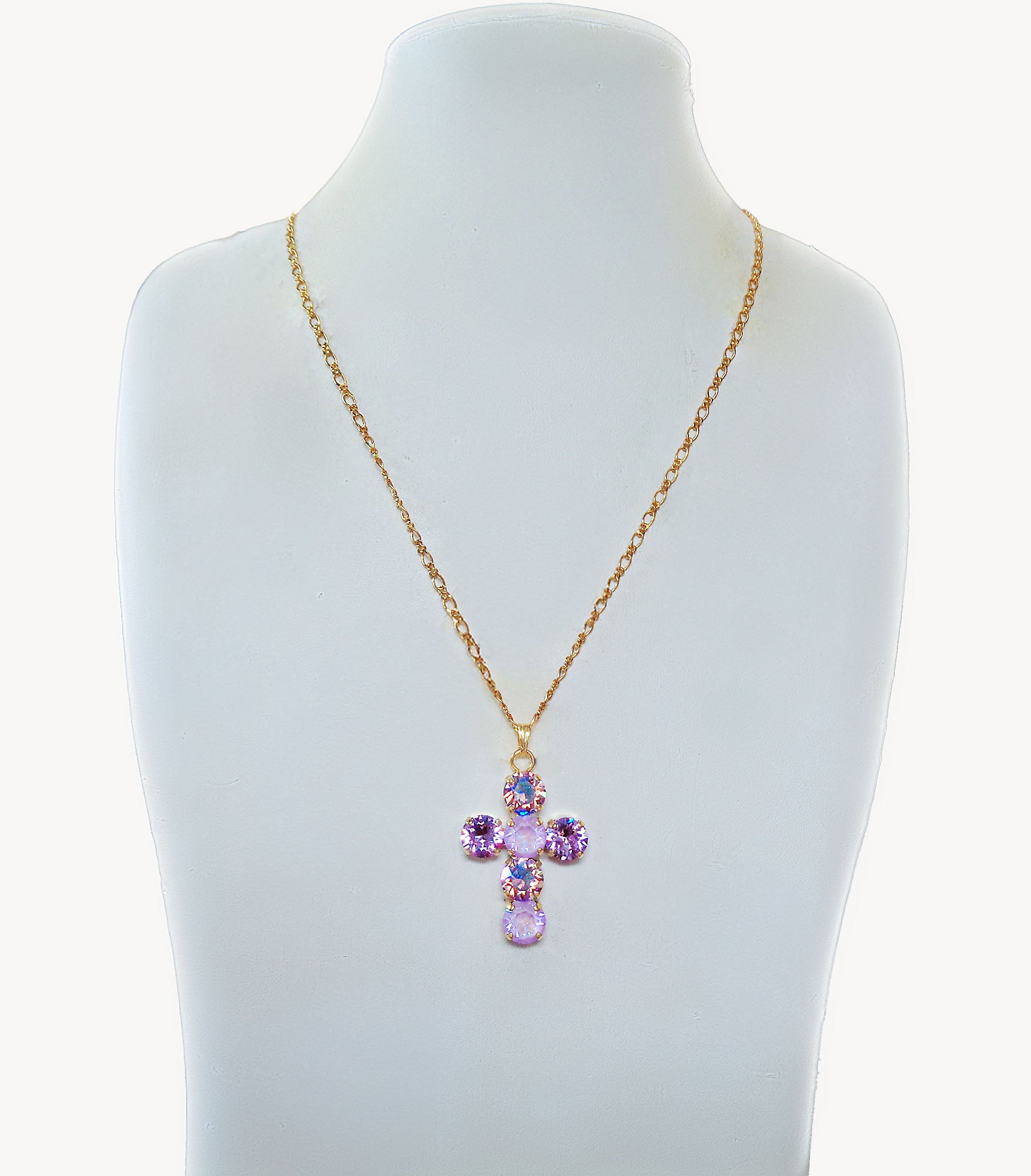 Crystal cross pendant necklace lavender,violet,white,gold plated