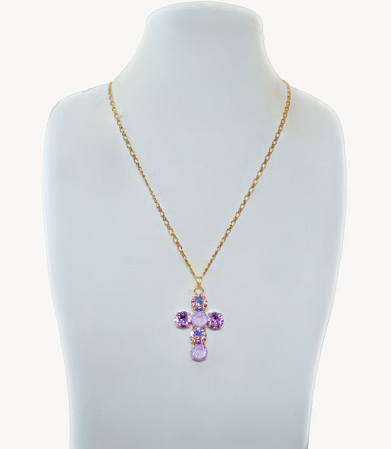 Crystal cross pendant necklace lavender,violet,white,gold plated