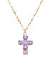 Cross-shaped pendant necklace with violet and lavender stones on a gold chain against a white background.The pendant is gold plated nickel free and comes with a fine gold plated delicate chain 45 cm long plus extension chain