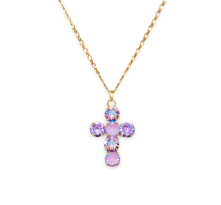 Cross-shaped pendant necklace with violet and lavender stones on a gold chain against a white background.The pendant is gold plated nickel free and comes with a fine gold plated delicate chain 45 cm long plus extension chain