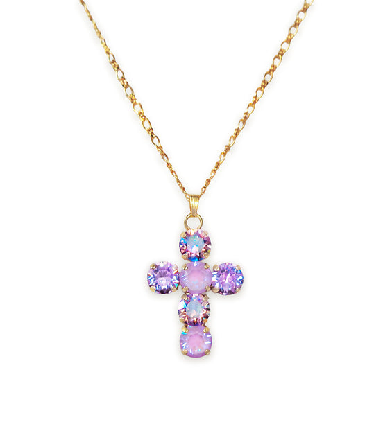 Cross-shaped pendant necklace with violet and lavender stones on a gold chain against a white background.The pendant is gold plated nickel free and comes with a fine gold plated delicate chain 45 cm long plus extension chain