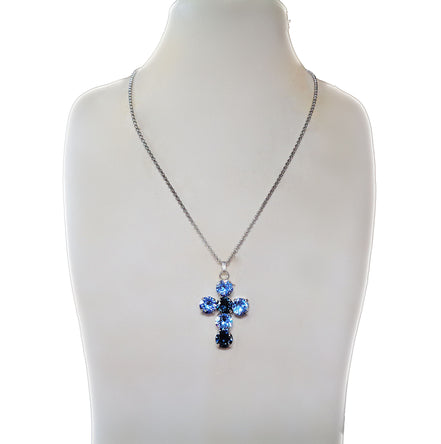 Crystal cross pendant necklace light sapphire,silver plated