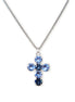 Austrian crystal cross pendant necklace on white backround.The cross is 32 long made with light blue and navy blue crystals.The chain is stainless steel tarnish resistant .The chain length is 43cm and has additional extension chain to adjust.