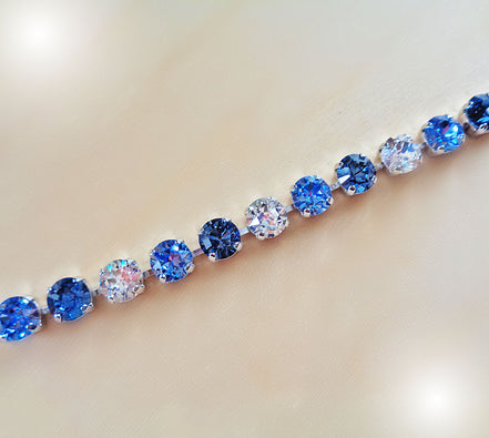 MY JEANS Austrian crystal  tennis bracelet blue and clear, rhodium silver