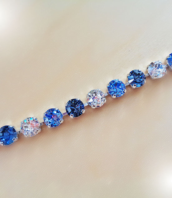 MY JEANS Austrian crystal  tennis bracelet blue and clear, rhodium silver