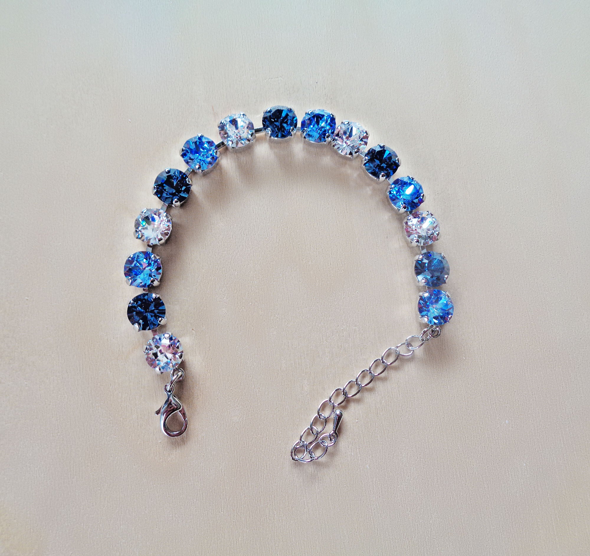 MY JEANS Austrian crystal  tennis bracelet blue and clear, rhodium silver