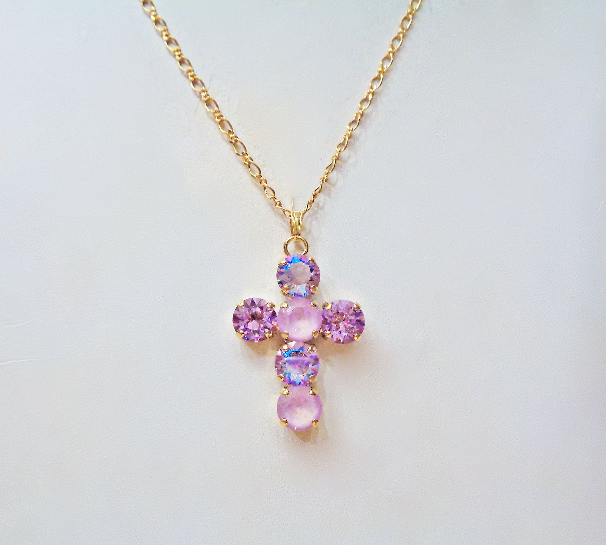 Crystal cross pendant necklace lavender,violet,white,gold plated