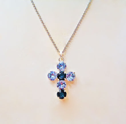 Crystal cross pendant necklace light sapphire,silver plated