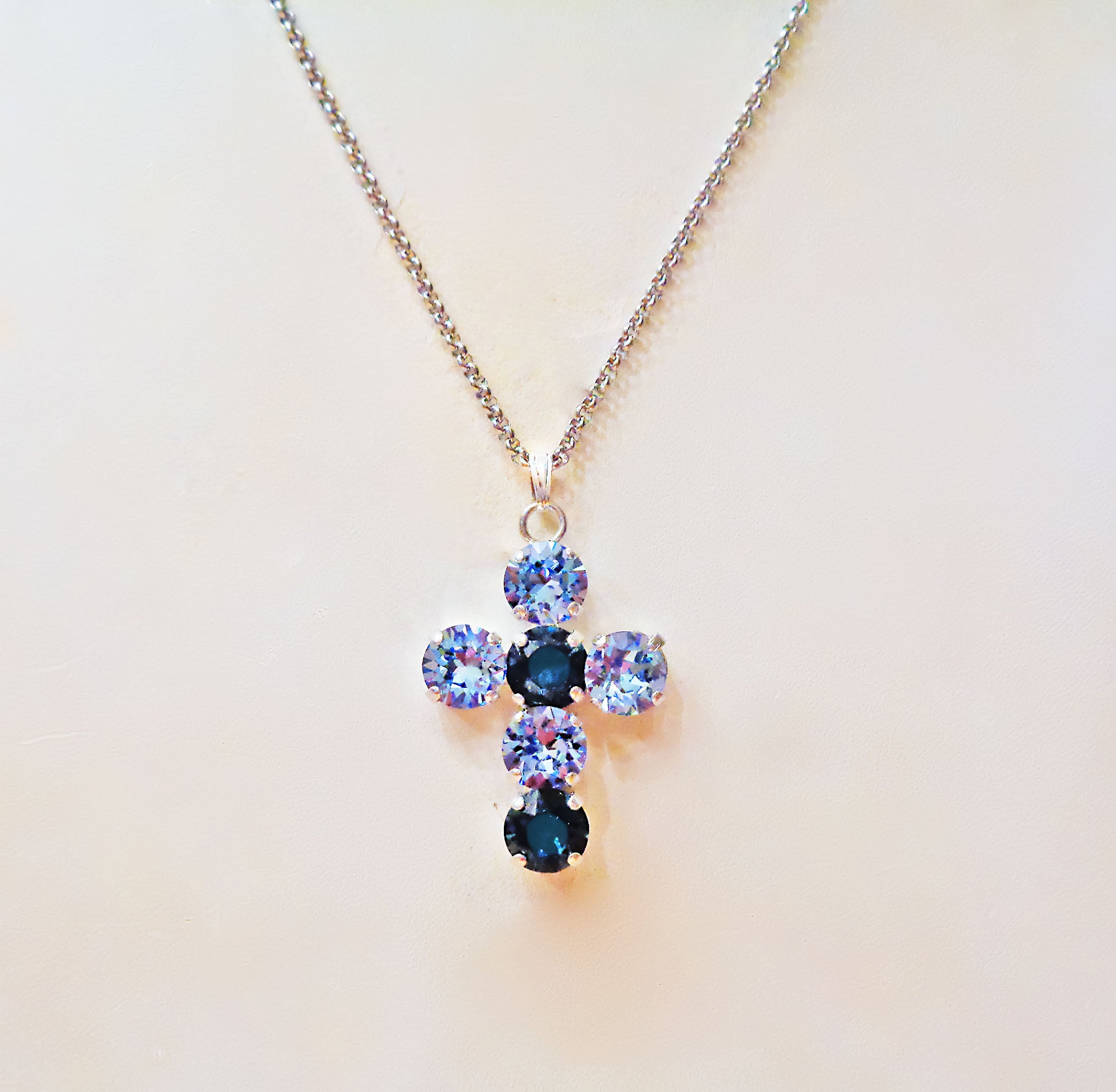 Crystal cross pendant necklace light sapphire,silver plated