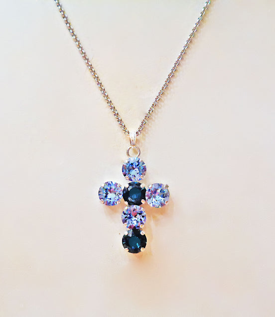 Crystal cross pendant necklace light sapphire,silver plated
