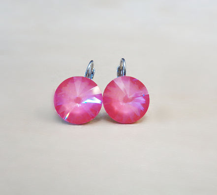 Crystal rivoli drop earrings,dahlia red,rhodium silver