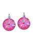 Pink round earrings on a white background.Pair of round drop earrings made with Austrian crystal.The earrings are graceful rivoli drops 14 mm 
diameter in colour dahlia red which is  one of the newest colours of this season.They are plated in rhodium silver and they are nickel free
