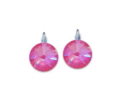 Pink round earrings on a white background.Pair of round drop earrings made with Austrian crystal.The earrings are graceful rivoli drops 14 mm 
diameter in colour dahlia red which is  one of the newest colours of this season.They are plated in rhodium silver and they are nickel free