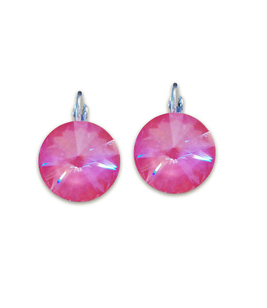Pink round earrings on a white background.Pair of round drop earrings made with Austrian crystal.The earrings are graceful rivoli drops 14 mm 
diameter in colour dahlia red which is  one of the newest colours of this season.They are plated in rhodium silver and they are nickel free