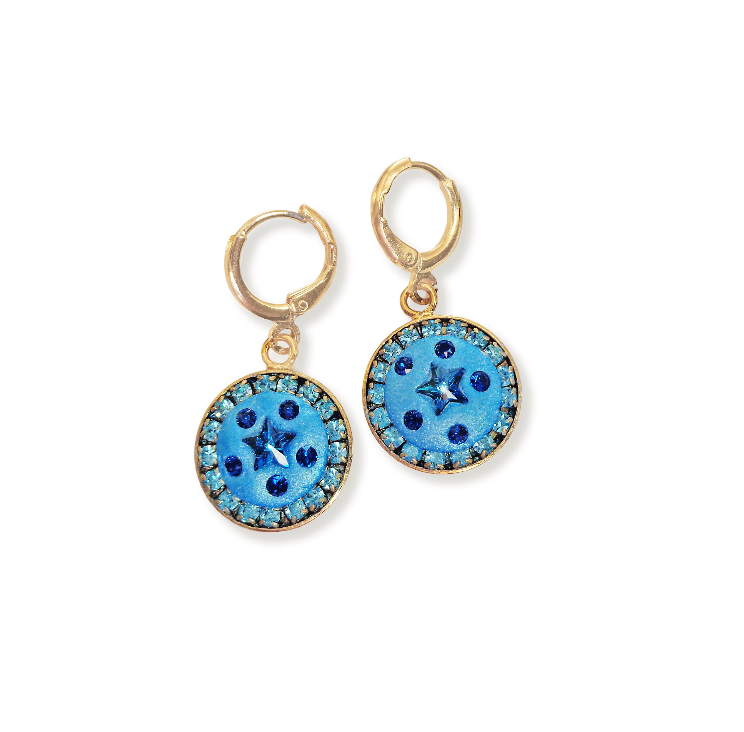Austrian crystal  blue star halo round drop earrings ,gold plated