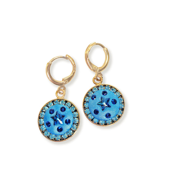 Austrian crystal  blue star halo round drop earrings ,gold plated