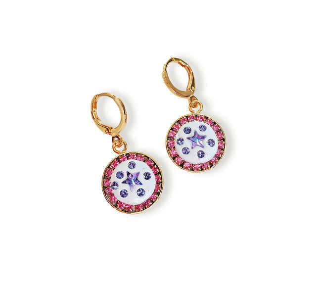 Gold plated round  drop earrings made with Austrian crystals and crystal clay.These are handmade artistic one of a kind pair of earrings made with purple  star rhinestones on white clay and rose halo accents.The top part is a gold plated small huggie hoop which lets the drop graceful hang below.Drop size is 15 mm circular