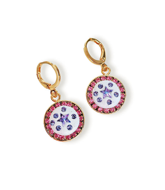 Gold plated round  drop earrings made with Austrian crystals and crystal clay.These are handmade artistic one of a kind pair of earrings made with purple  star rhinestones on white clay and rose halo accents.The top part is a gold plated small huggie hoop which lets the drop graceful hang below.Drop size is 15 mm circular