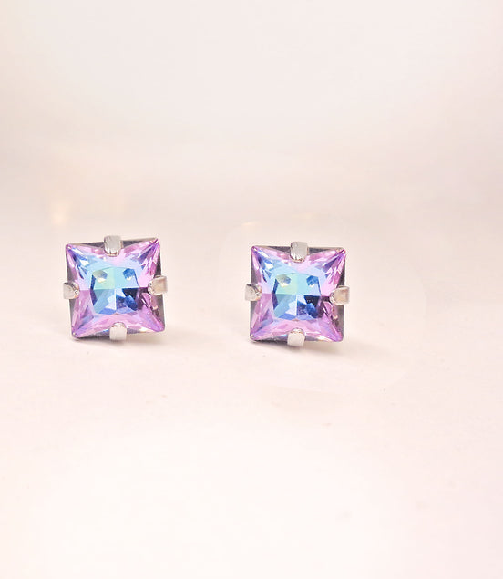 Square stud earrings made with Austrian crystal.These are square stud earrings 8mm size in colour vitrail light which is purple with light blue hues .They are silver plated nickel free.Elegant square earrings