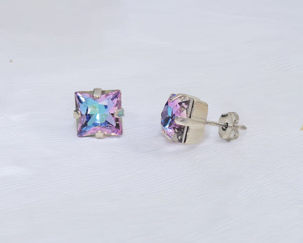 Mini crystal princess square stud earrings vitrail light