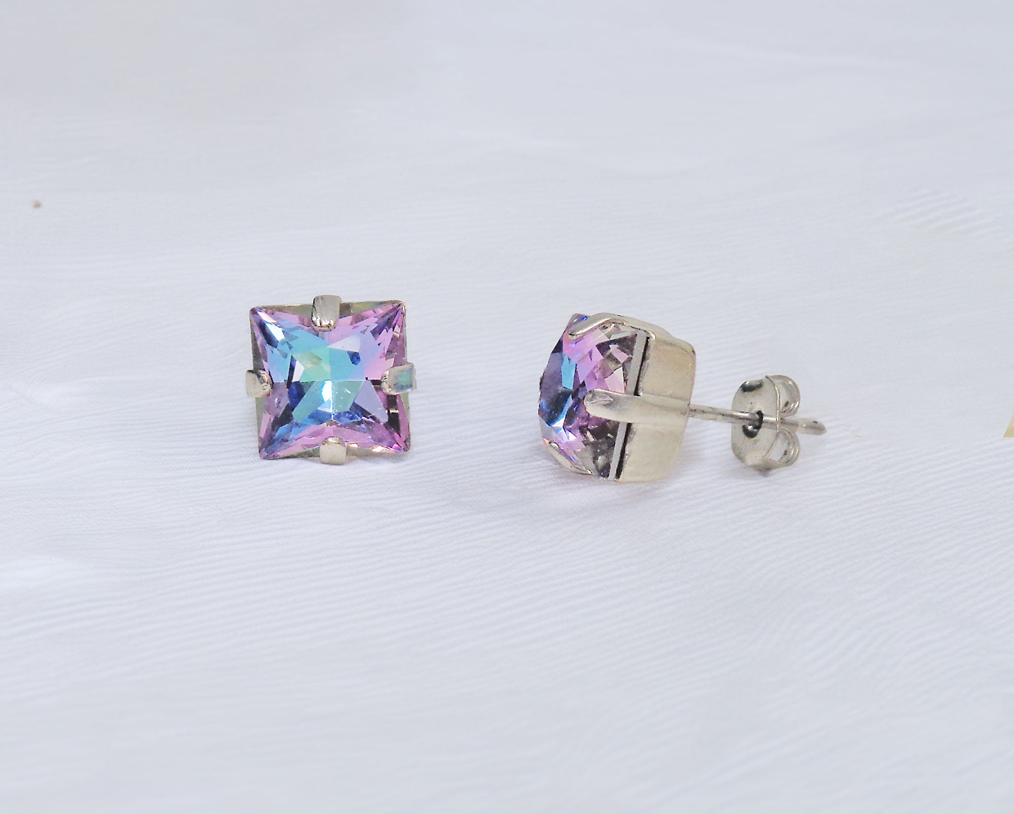 Mini crystal princess square stud earrings vitrail light