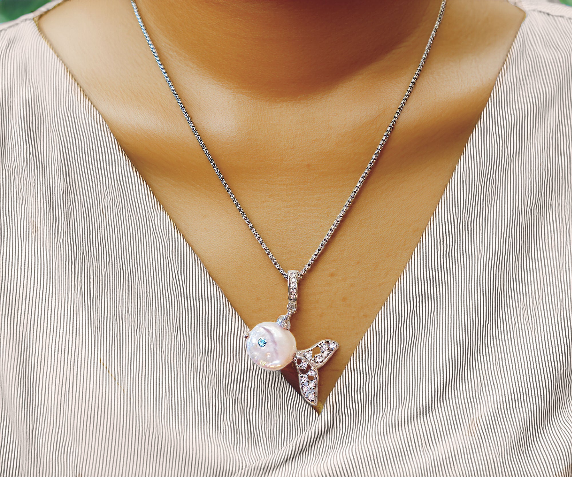 Freshwater pearl AAAA  white/aqua pendant necklace,stainless steel