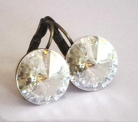 Crystal  rivoli  drop earrings, crystal moonlight,antique brass