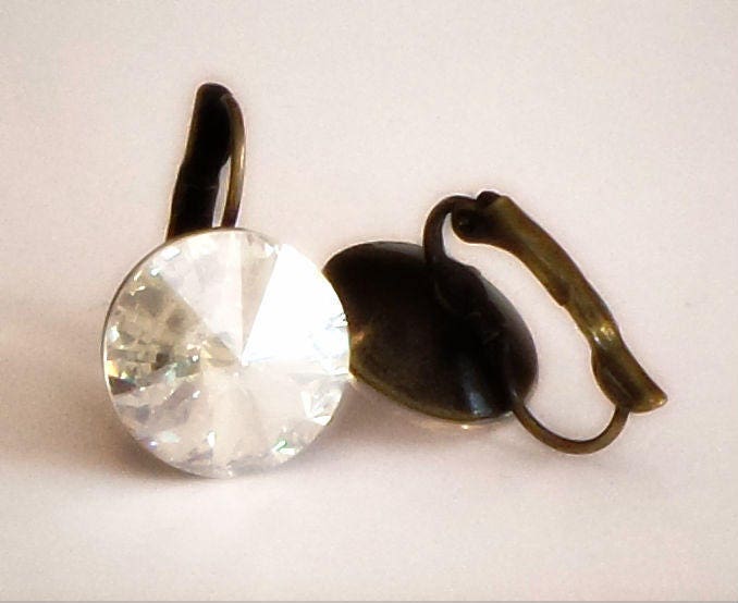 Crystal  rivoli  drop earrings, crystal moonlight,antique brass