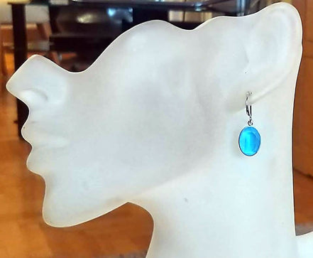 Crystal oval dangle drop earrings summer blue,rhodium silver