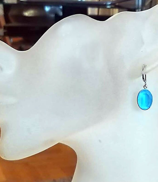 Crystal oval dangle drop earrings summer blue,rhodium silver
