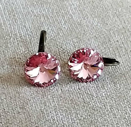 Crystal  rivoli drop earrings, light rose,antique brass