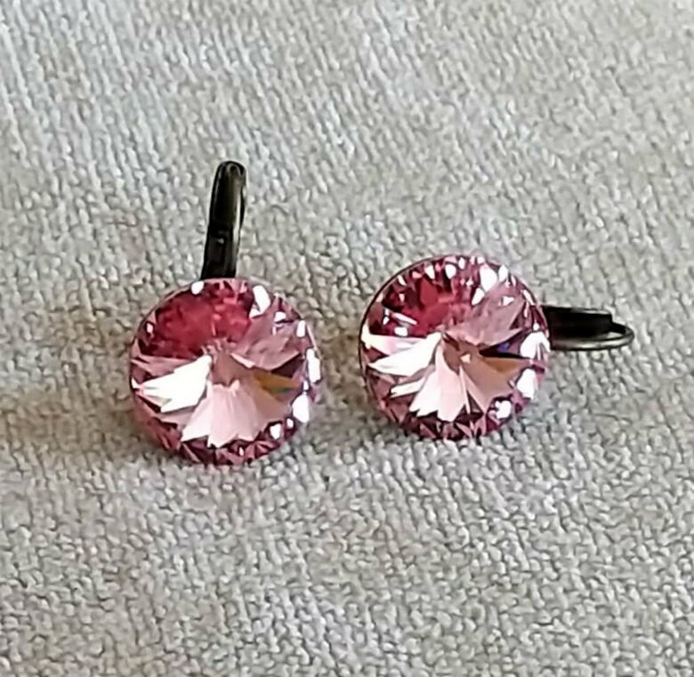 Crystal  rivoli drop earrings, light rose,antique brass