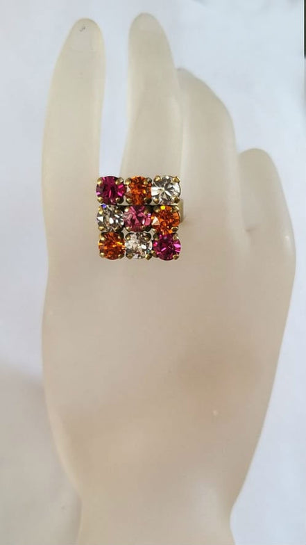 Crystal multi stonering ,multicolour,antique brass