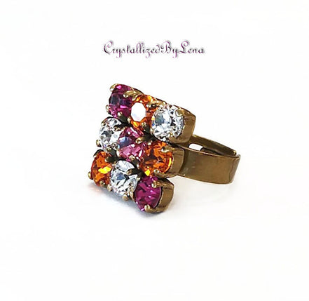 Crystal multi stonering ,multicolour,antique brass