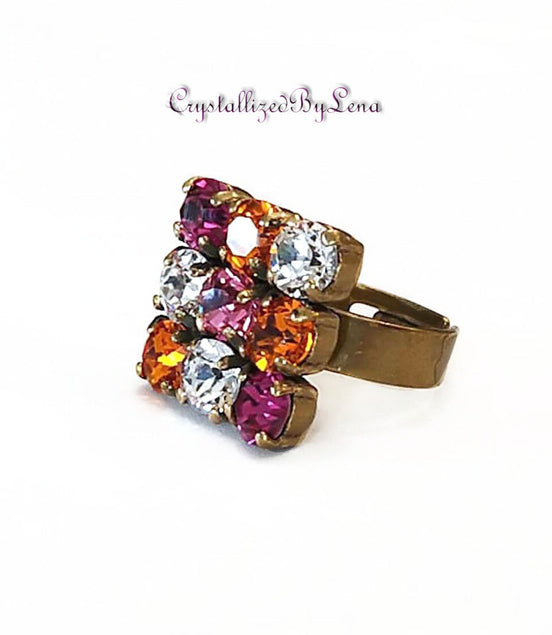 Crystal multi stonering ,multicolour,antique brass