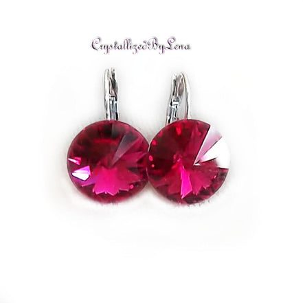 Crystal  rivoli  drop earrings,fuchsia,rhodium silver